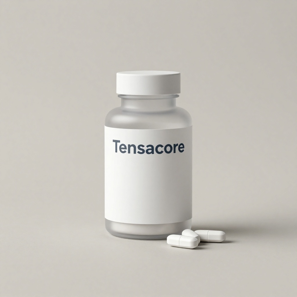 Tensacore supliment natural în cutie elegantă albă cu etichetă albastră, conținând 60 de capsule pentru susținerea tensiunii arteriale și sănătății cardiovasculare pe fundal neutru